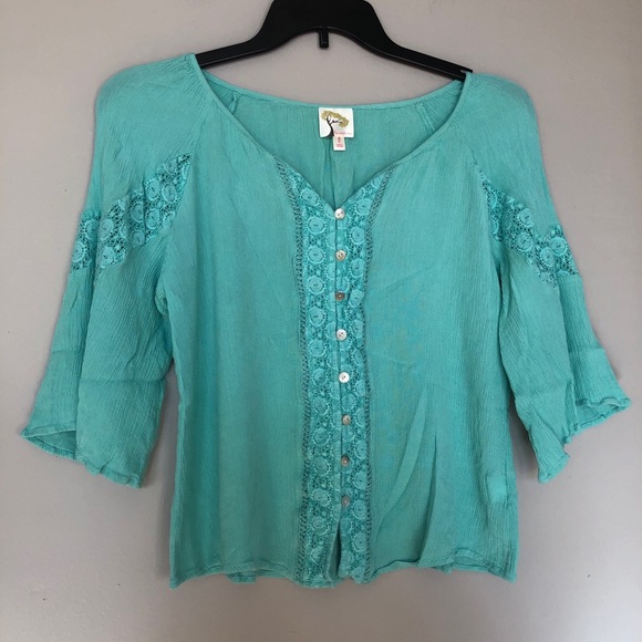 Fig & Flower - Blue Peasant Top - Sz Lg - Picture 2 of 7